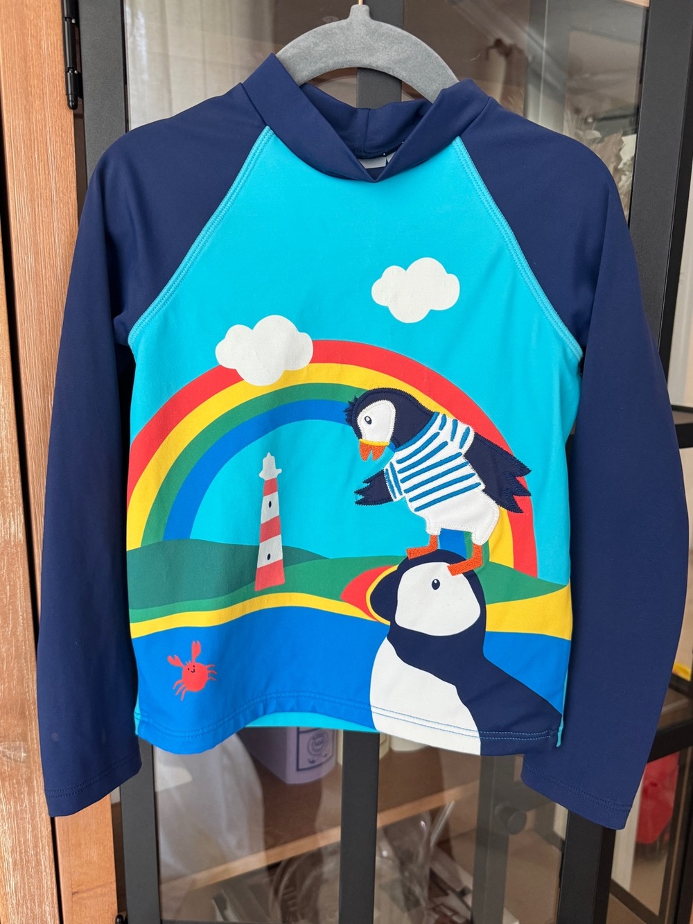 Mini Boden puffins applique rashguard swimsuit shirt top long sleeve toddler boy